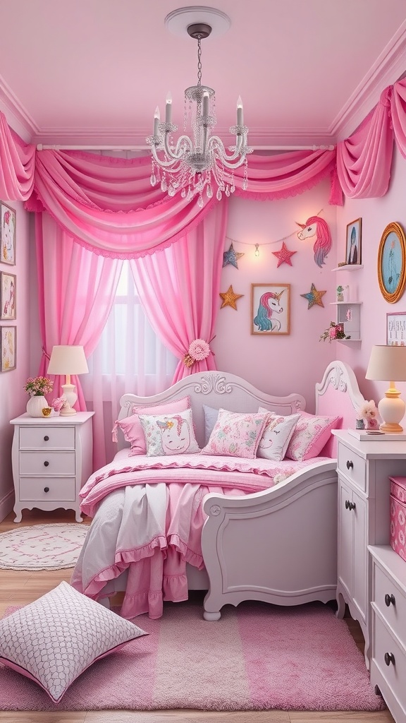 A beautifully decorated bedroom with pink walls, unicorn-themed decor, and cozy bedding.