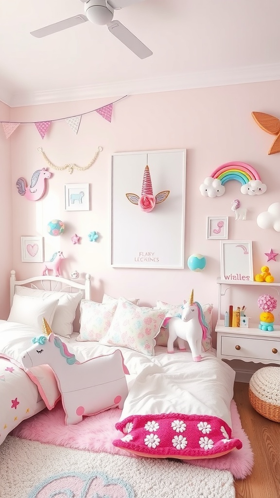 A cozy unicorn-themed bedroom with pastel colors, plush unicorn decorations, and playful wall art.