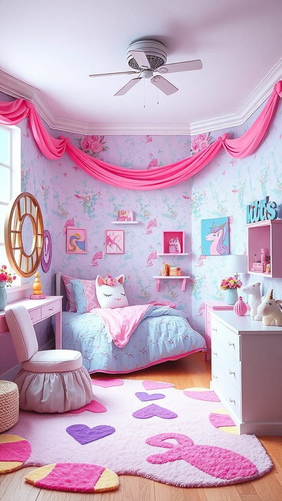 A brightly colored girl's bedroom with a unicorn theme, featuring pink walls, playful decor, and a cozy bed.