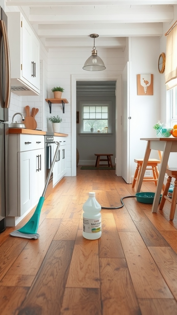 A well-maintained farmhouse kitchen featuring rustic wood floors, with cleaning supplies ready for use.