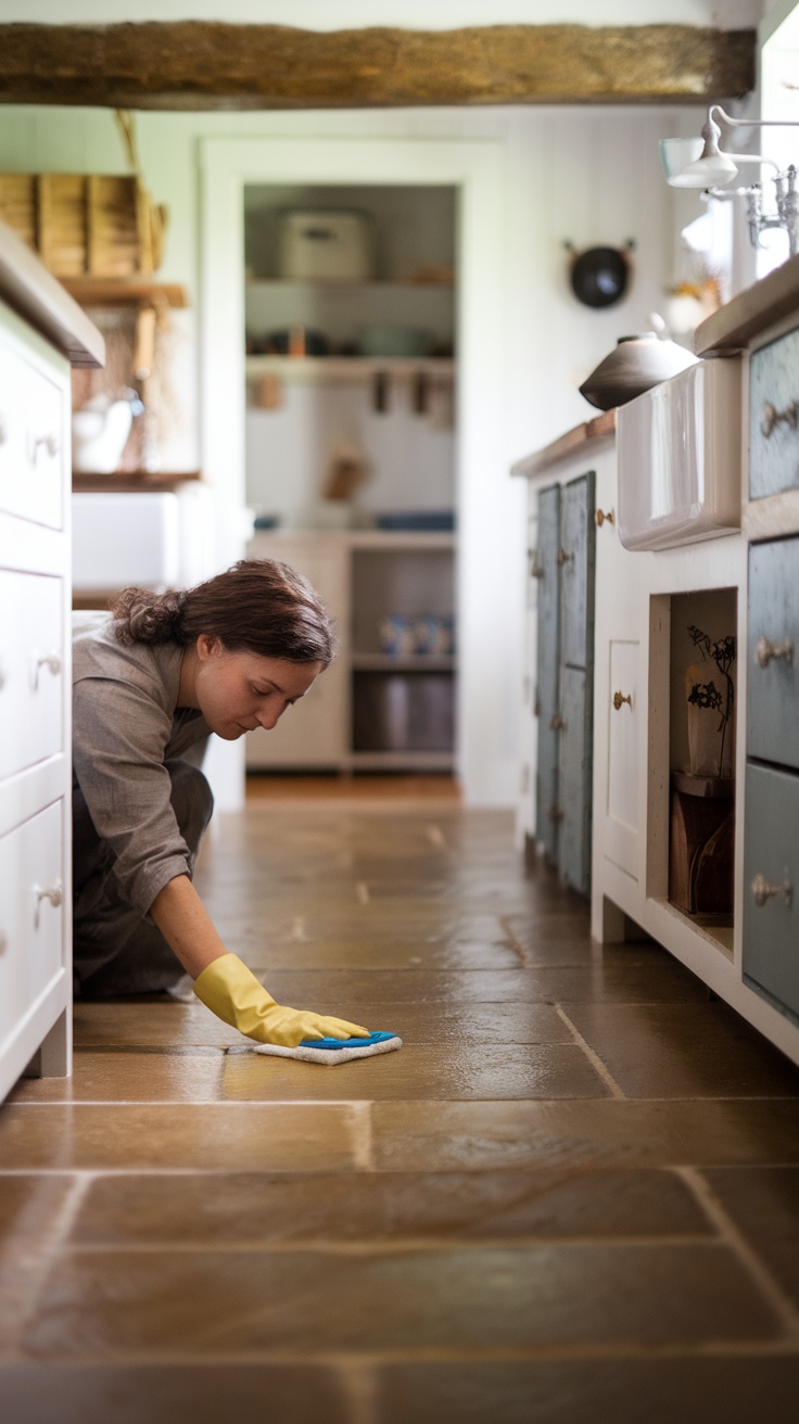 A woman cleaning rustic stone tile flooring in a farmhouse kitchen.