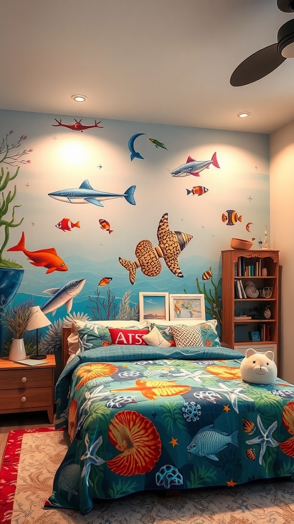 A vibrant marine life mural in a blue themed bedroom featuring various fish and sea creatures.