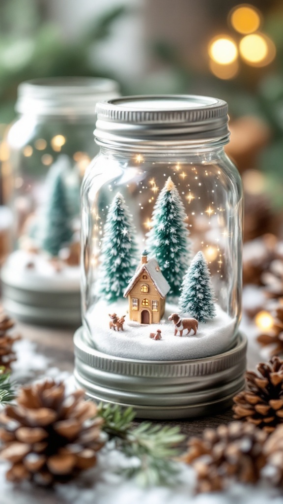 Decorative mason jar snow globes featuring a miniature winter landscape with a house and trees