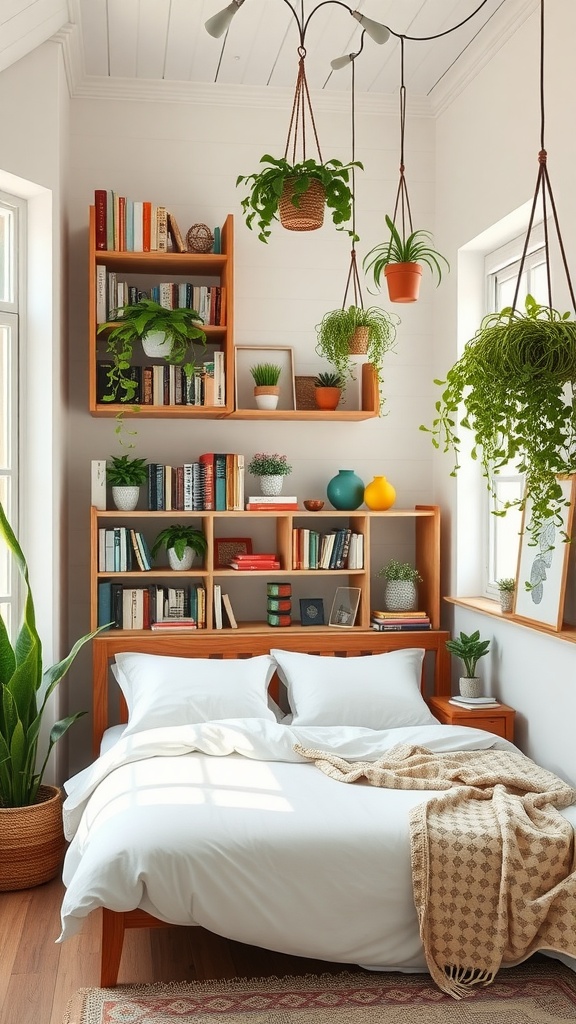 A cozy farmhouse bedroom with vertical plant displays and bookshelves.