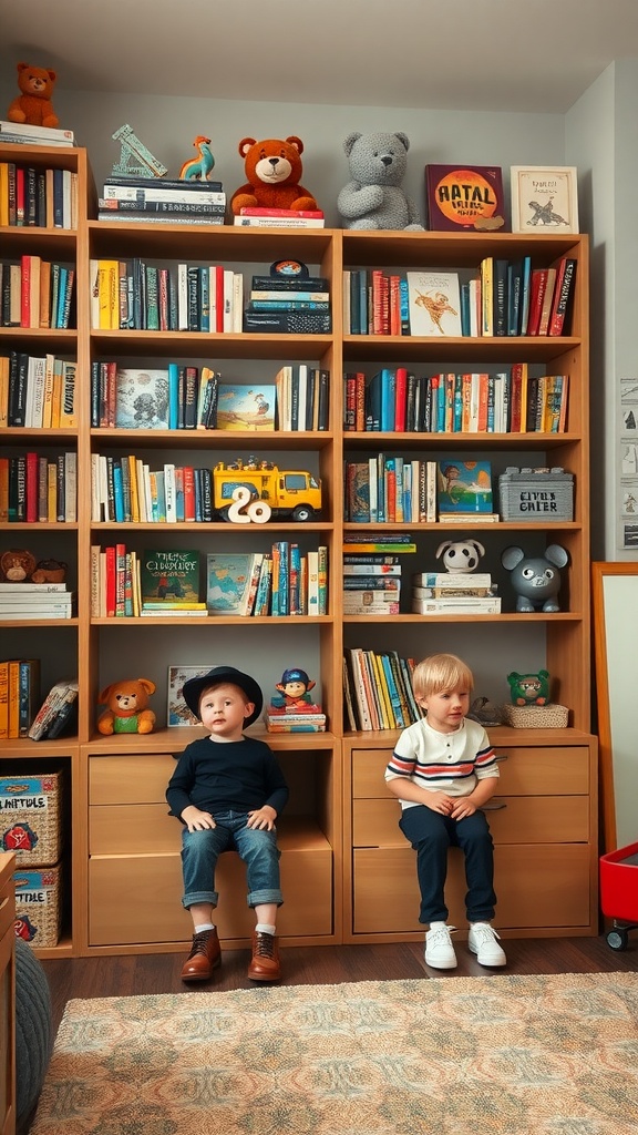 A well-organized shelving unit filled with books and toys in a Twin Boys Bedroom, featuring two young boys sitting on a rug.