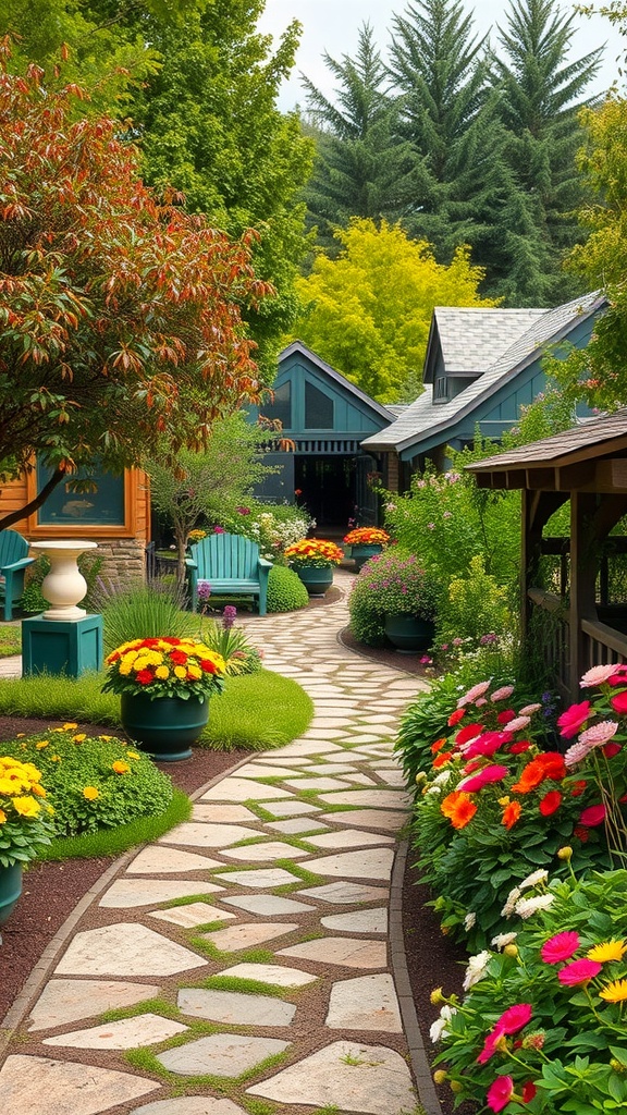 A meandering garden pathway lined with seasonal blooms in colorful pots