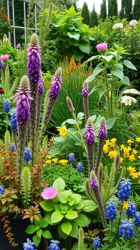 A colorful garden featuring vibrant flowers and lush greenery, ideal for a medicinal plant sanctuary.