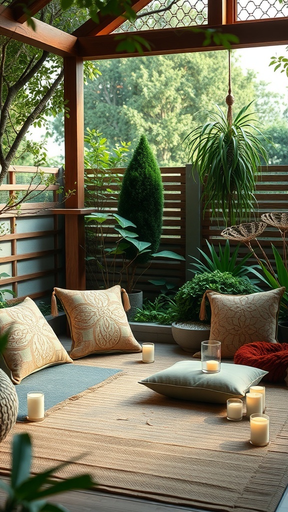 A cozy meditation corner on a patio with cushions, candles, and plants.