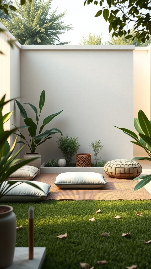 A tranquil meditation corner featuring plush cushions, greenery, and a soft rug.