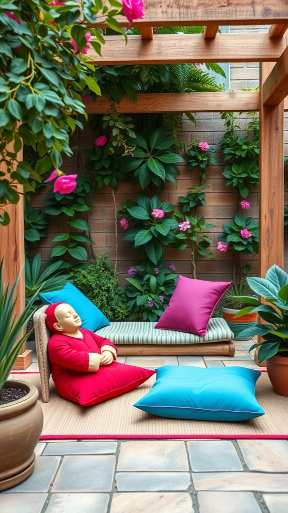 A cozy meditation corner featuring colorful cushions, a serene statue, and lush greenery.