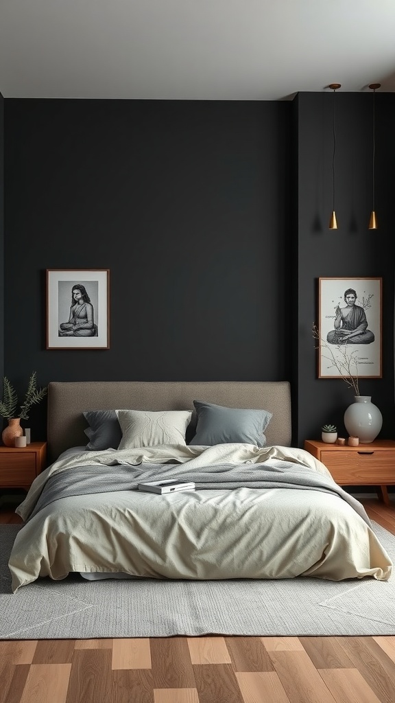 Meditative bedroom with dark walls, neutral bedding, and serene artwork