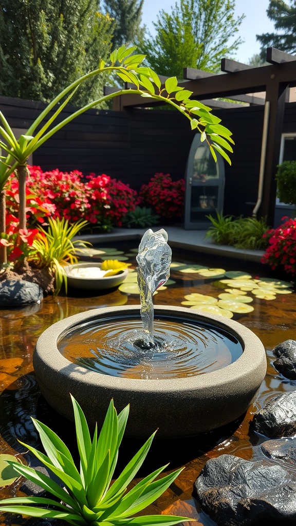 A serene garden fountain surrounded by vibrant flowers and lush greenery.