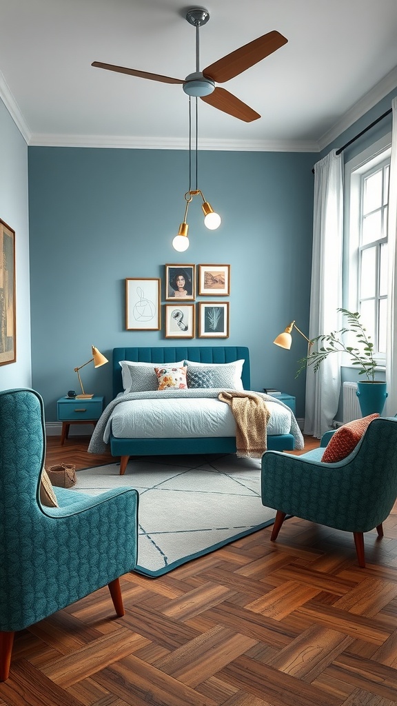 A mid-century modern blue bedroom featuring soft blue walls, a tufted bed, and cozy seating.