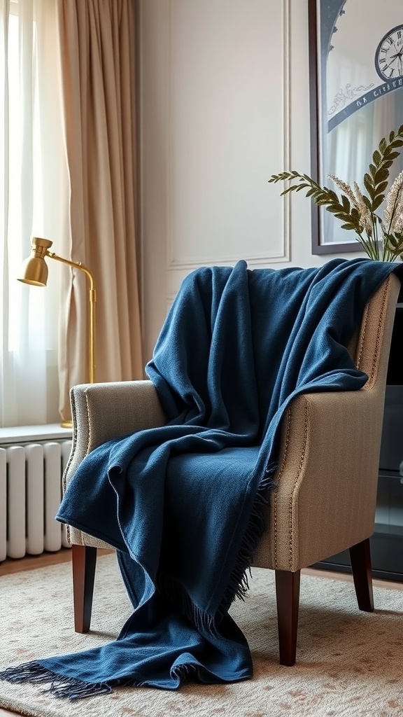 Cozy armchair with a midnight blue throw blanket draped over it, creating a serene atmosphere.