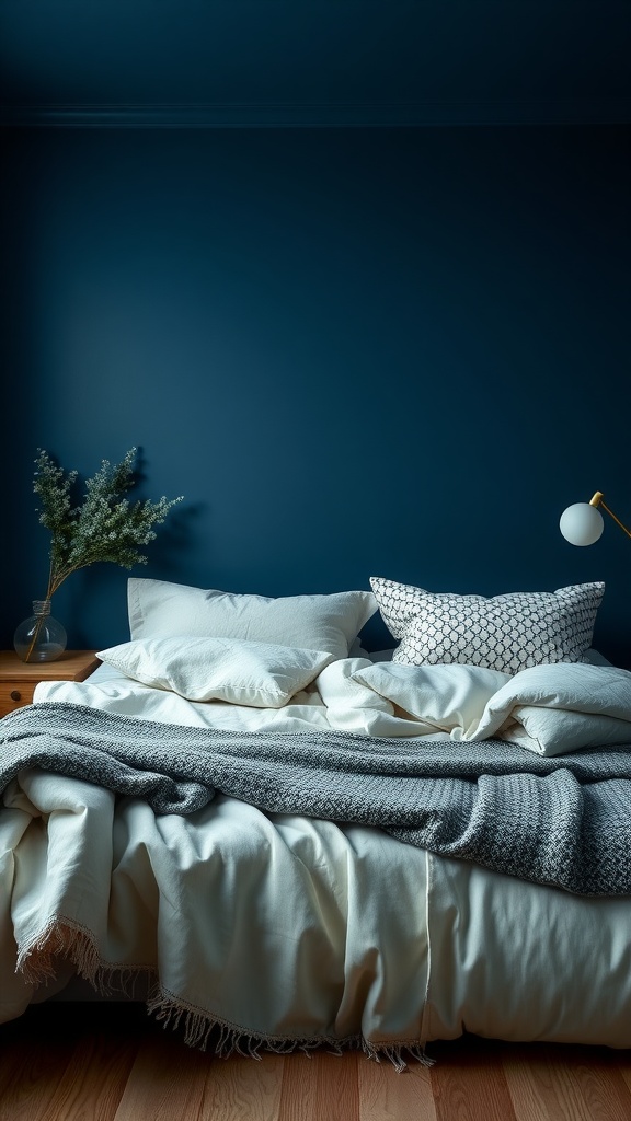 A cozy bedroom featuring midnight blue walls, soft white bedding, and a grey throw.