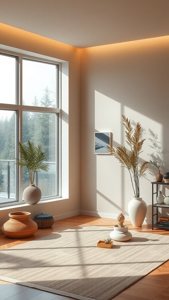 A person meditating in a bright room with large windows and natural light