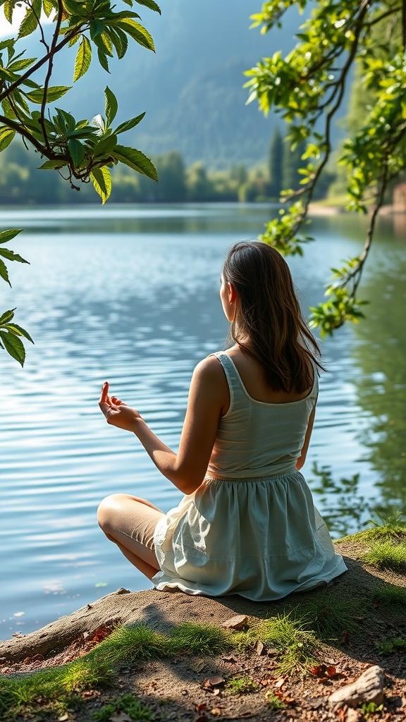 A woman meditating by a lake surrounded by trees, showcasing mindfulness practices for stress reduction.