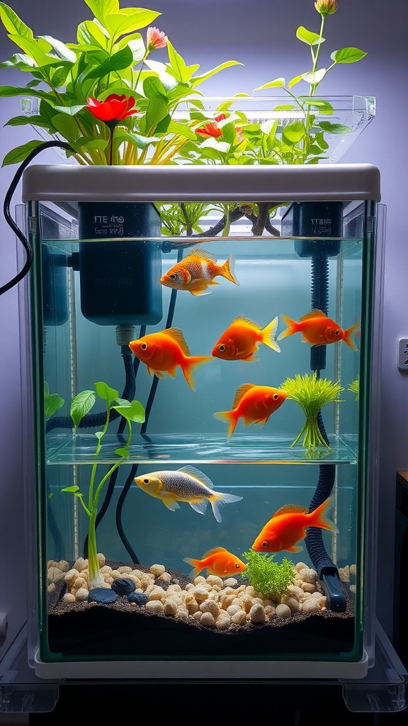 Mini aquaponics system with goldfish and plants