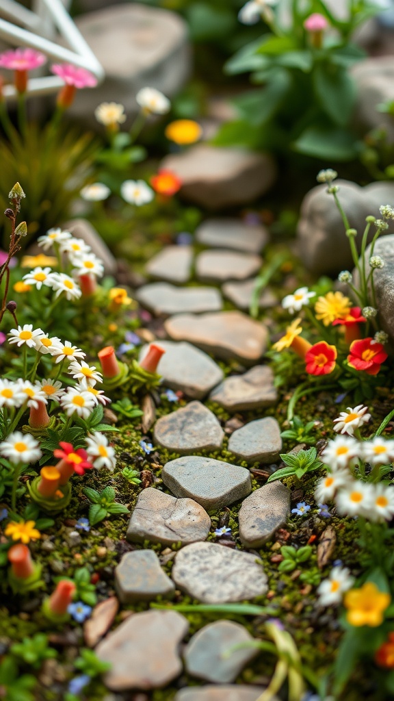 A miniature fairy garden path lined with colorful flowers and stones.