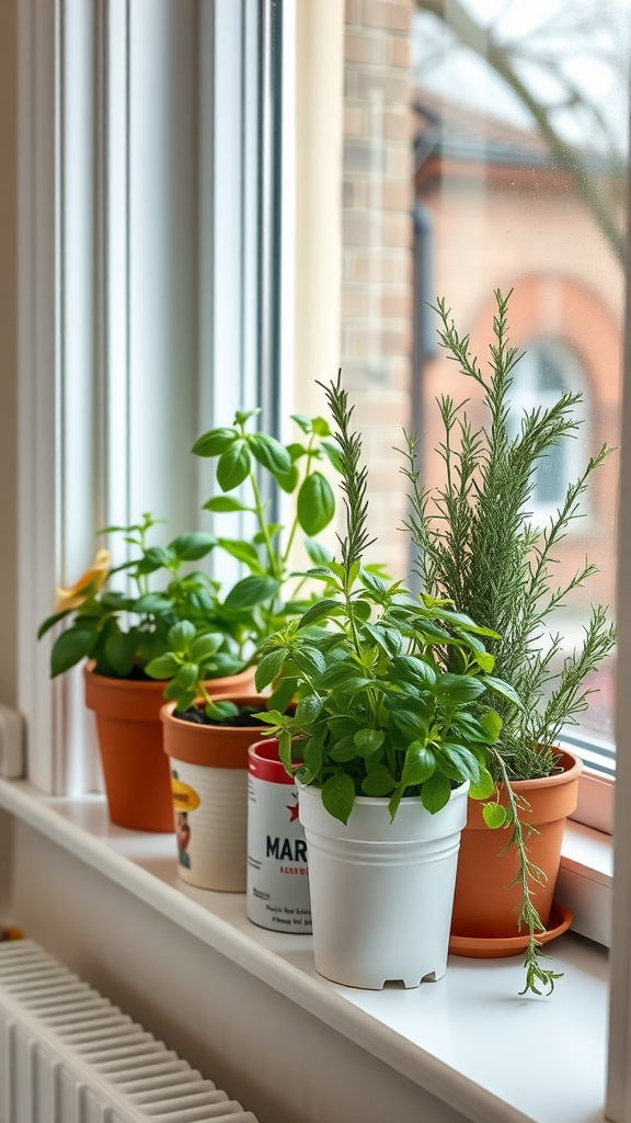 A collection of potted herbs on a windowsill, including mint, rosemary, and other green plants.