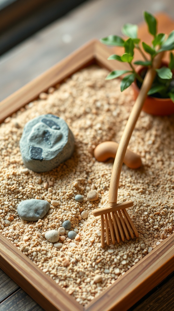 A miniature Zen garden with sand, stones, and a small plant, featuring a wooden rake for patterns.