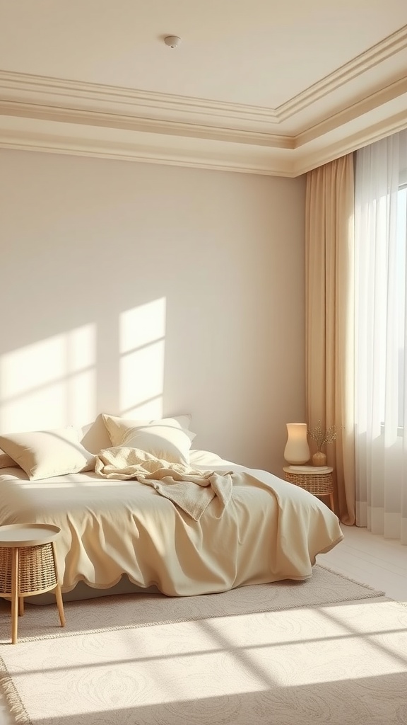 A minimalist beige bedroom featuring soft bedding, a wicker side table, and natural light.