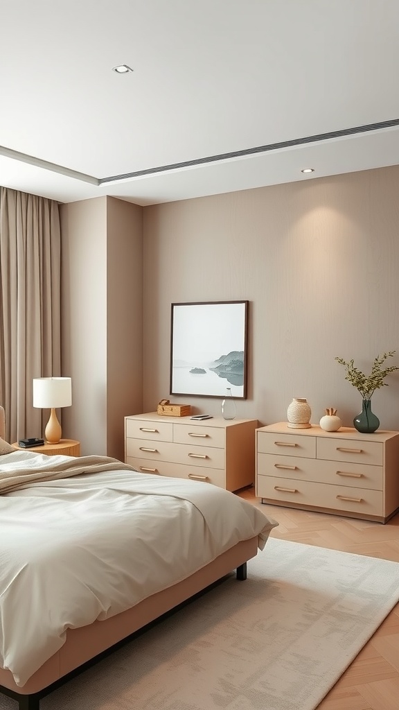 A modern minimalist beige bedroom with light furniture, soft bedding, and decorative elements.