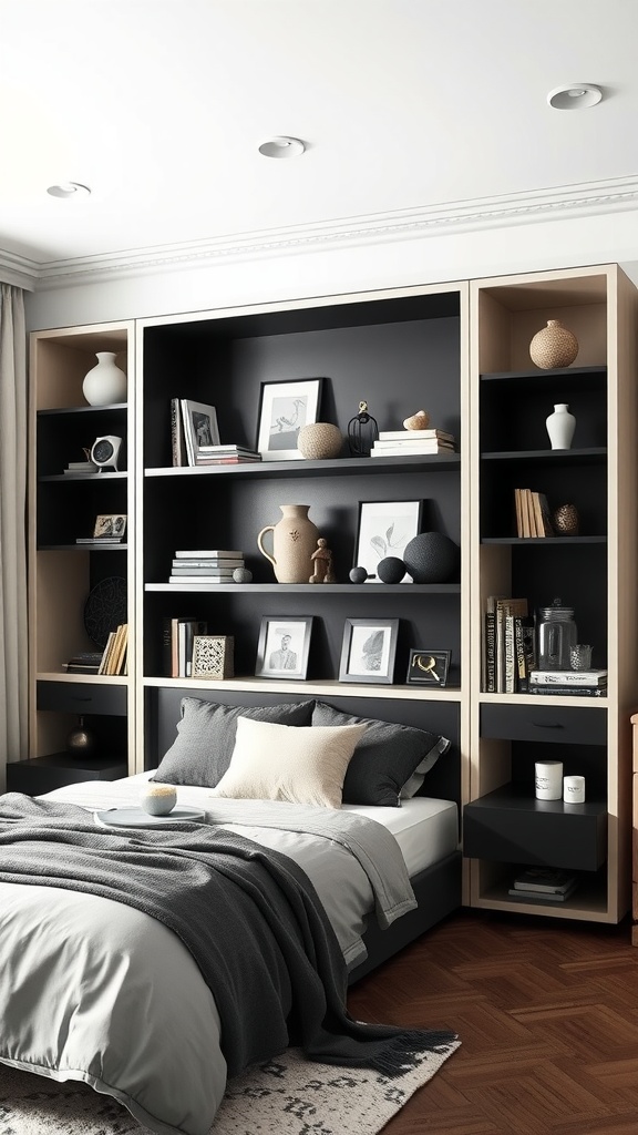 Minimalist black and cream shelving in a farmhouse bedroom, featuring styled decor and a cozy bed.