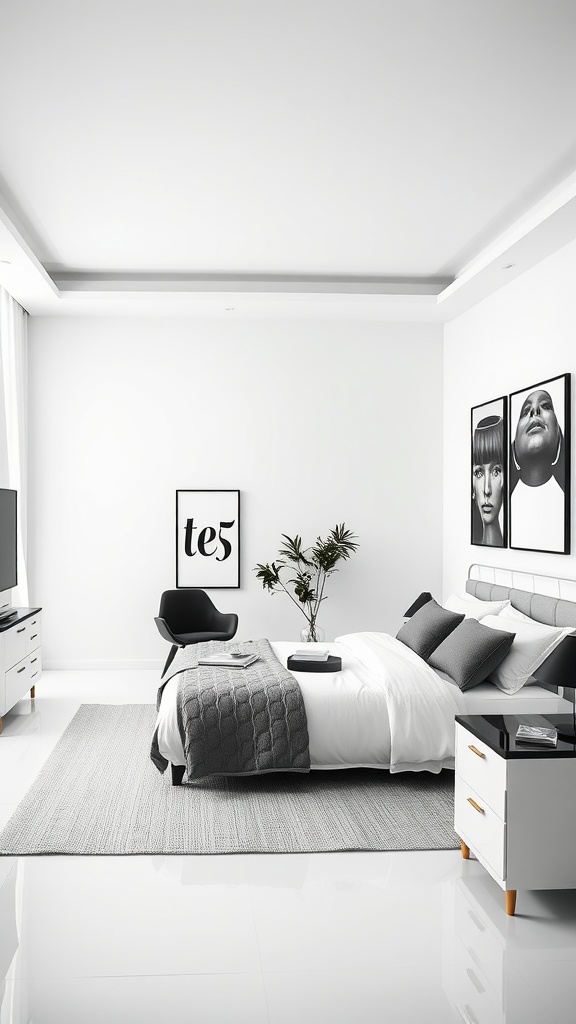 A minimalist black and white bedroom featuring a cozy bed, modern chair, and stylish decor.