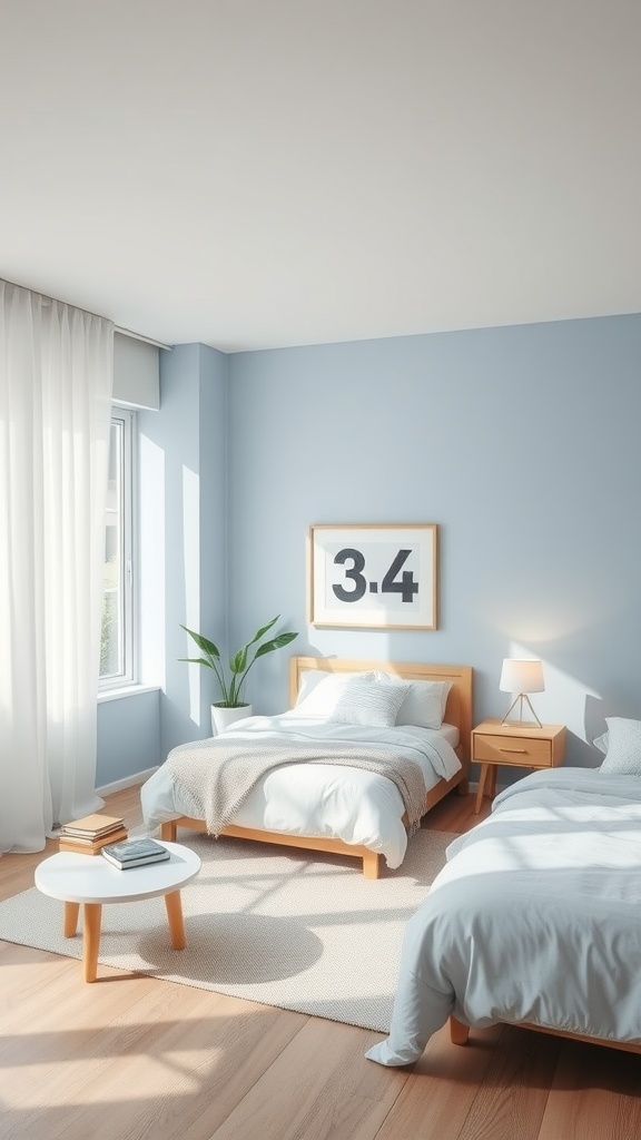 Minimalist blue bedroom with two beds, natural light, and simple decor