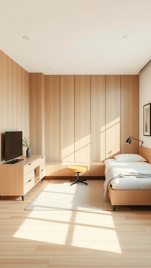 A minimalist teenage boy's bedroom featuring wood paneling, a bed, and multi-functional furniture.
