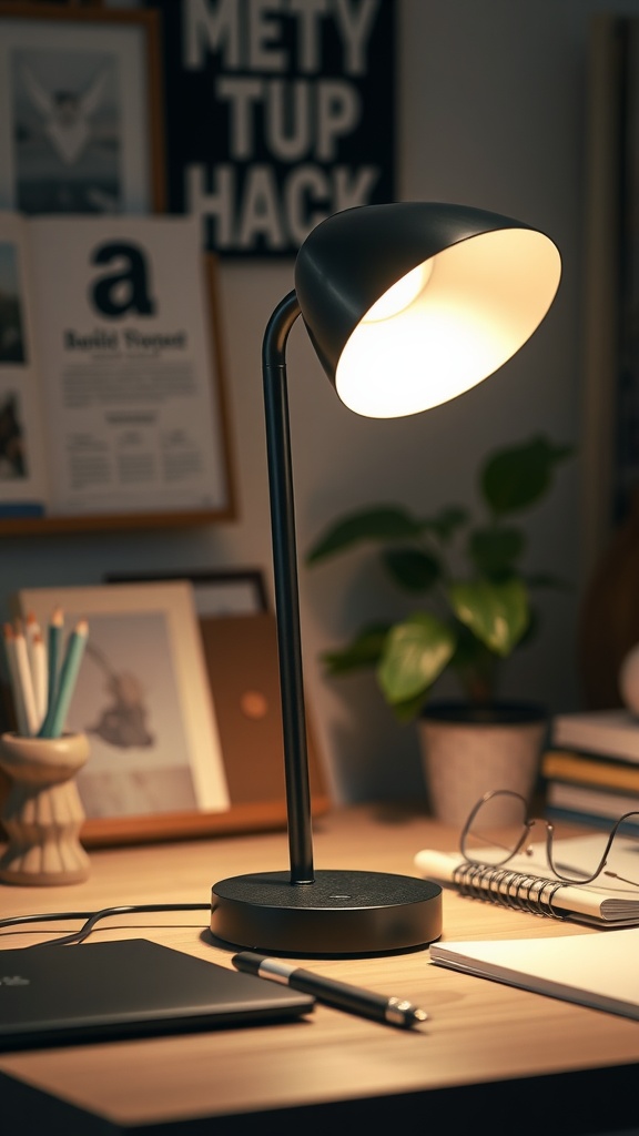 A minimalist desk lamp illuminating a workspace with a clean design, surrounded by stationery and a plant.