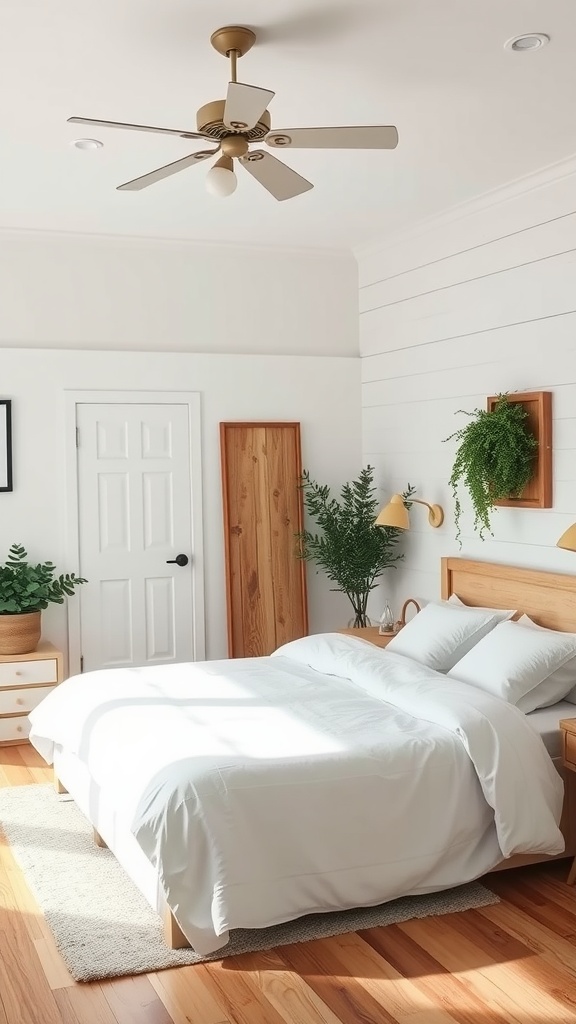 A minimalist farmhouse bedroom with light walls, wooden furniture, and potted plants.