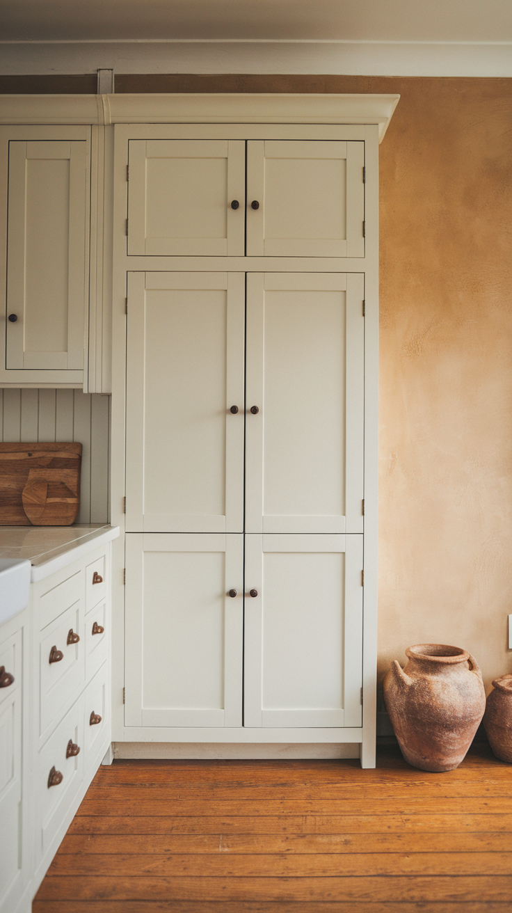Minimalist farmhouse kitchen cabinets with a light-colored finish.
