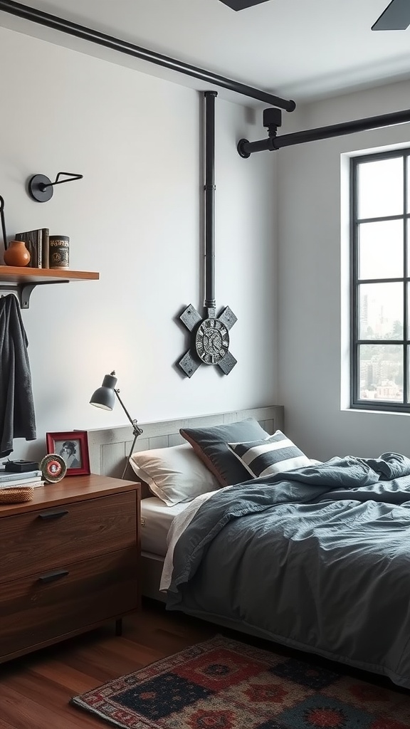 Minimalist industrial style boy bedroom with a sleek bed, wooden dresser, vintage lamp, and industrial wall decor.