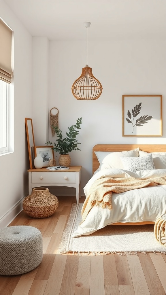 A minimalist Scandinavian inspired bedroom with light wood furniture and soft textiles.