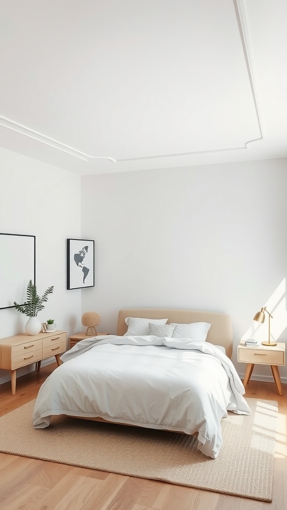 A minimalist zen bedroom featuring a light-colored bed, natural wood furniture, and simple decor.