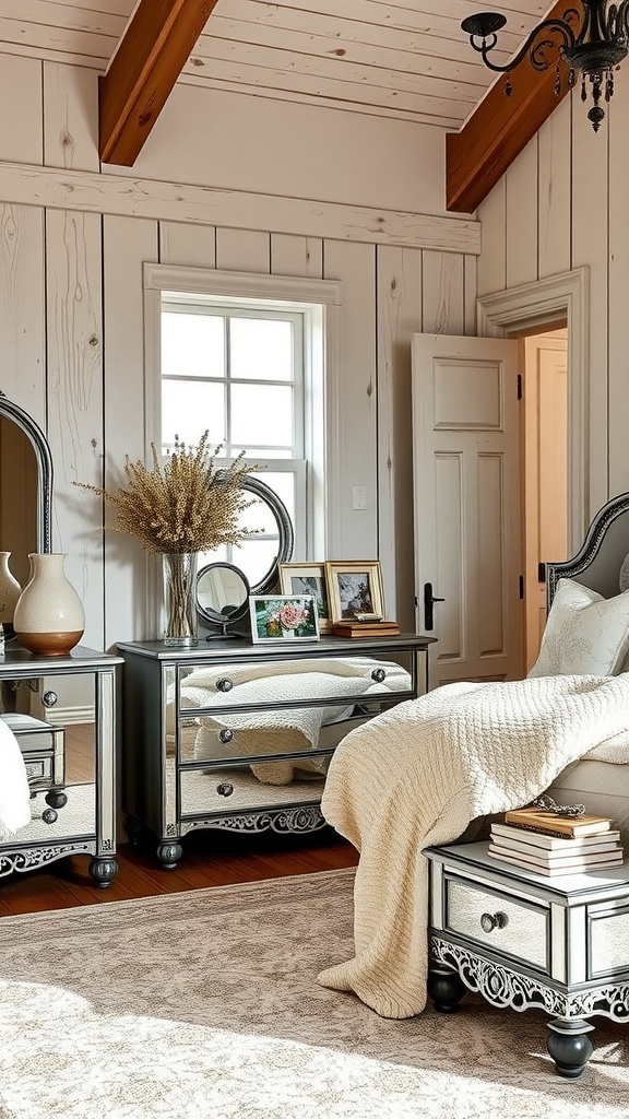 A cozy farmhouse glam bedroom featuring mirrored furniture, wooden beams, and a soft color palette.