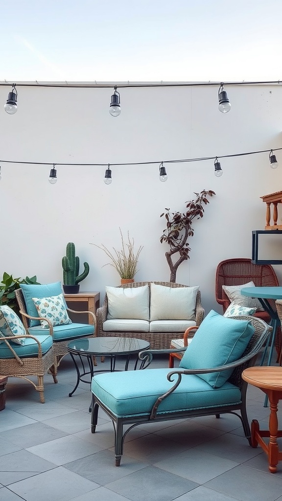 A mismatched furniture arrangement on a patio featuring blue cushions, wicker chairs, and string lights.
