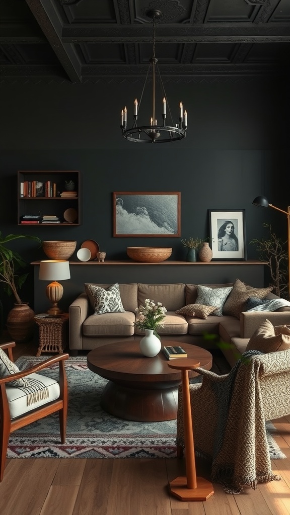 A cozy dark boho living room featuring a mix of vintage and modern furniture with earthy decor.