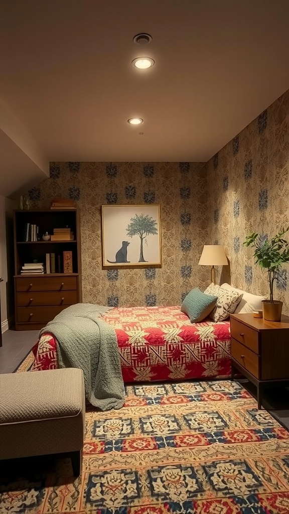 Cozy farmhouse basement bedroom featuring a mix of patterns and textures