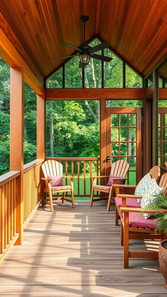 A welcoming farmhouse back porch with wooden walls and ceiling, featuring a modern ceiling fan and comfortable chairs with colorful cushions.