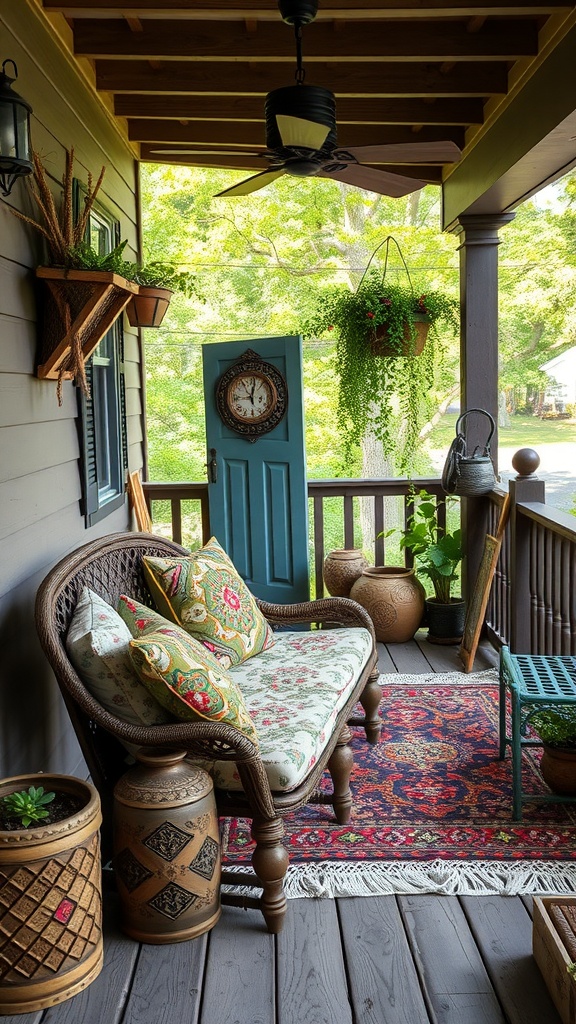 A cozy Boho back porch featuring a wicker chair with colorful cushions, a blue door, and hanging plants.