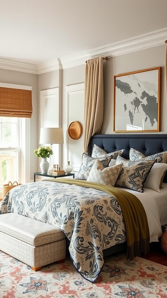 A cozy bedroom featuring a tufted headboard, mixed patterned bedding, and decorative pillows.