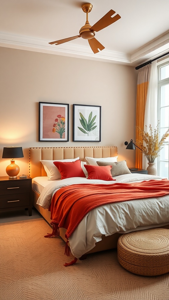 A modern beige bedroom featuring bold orange accents with a cozy layout.