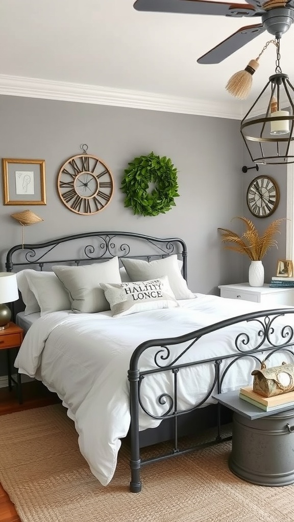 A cozy farmhouse glam bedroom featuring a black metal bed, mixed metal finishes, and natural decor elements.