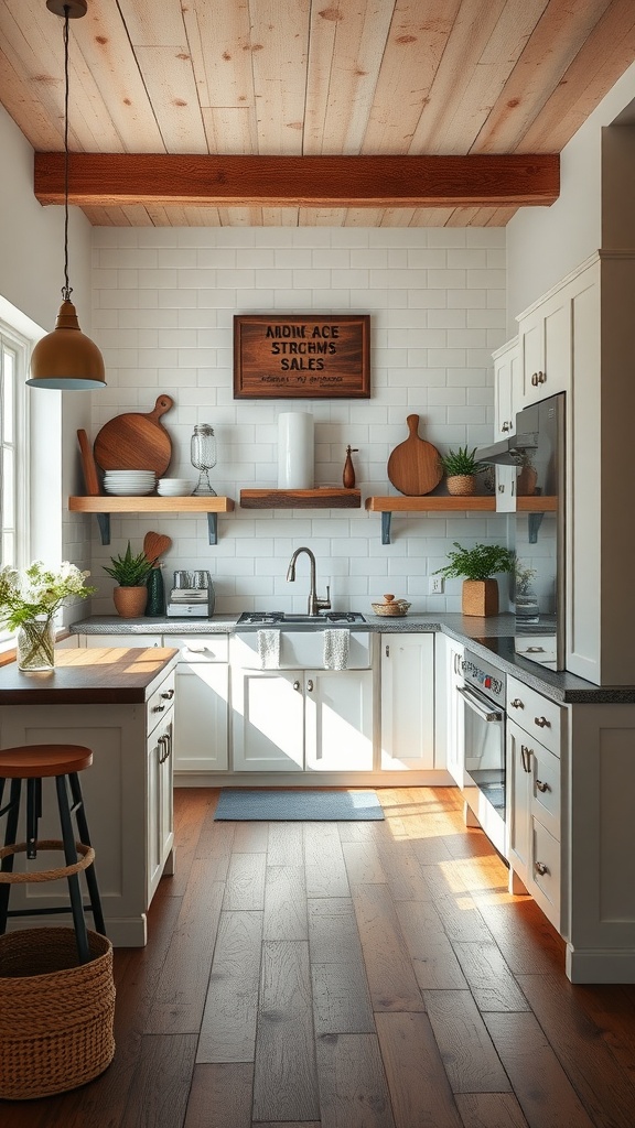 A bright farmhouse kitchen featuring modern appliances, rustic wood floors, and natural light.