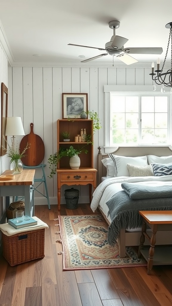 A cozy farmhouse bedroom with a mix of modern and vintage decor, featuring wooden floors, light-colored walls, and stylish furnishings.