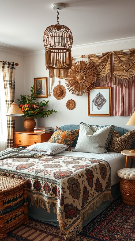 A cozy Boho-style bedroom featuring a patterned blanket, textured pillows, and woven decor.