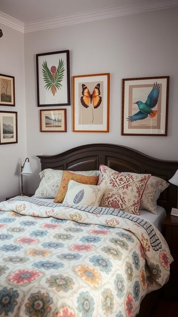 Cozy farmhouse bedroom with colorful patterned bedding and wall art